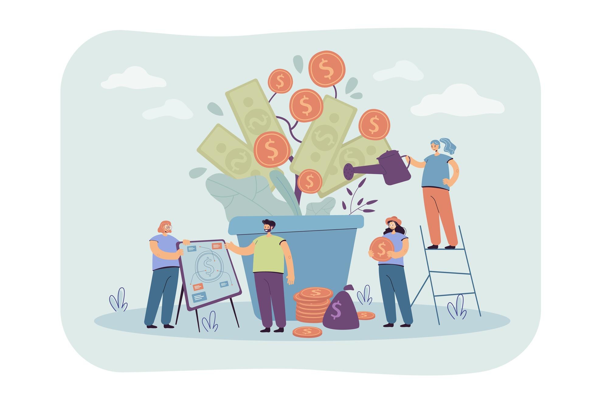 happy-rich-people-growing-financial-plant-watering-money-tree-pile-cash-analyzing-wealth-prosperity_74855-15451